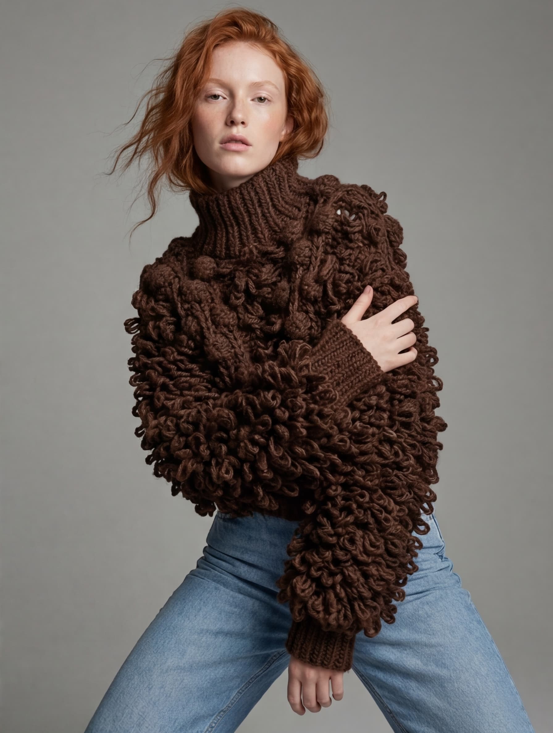 A hand-loomed brown loop-knit sweater on a model against a grey studio backdrop.