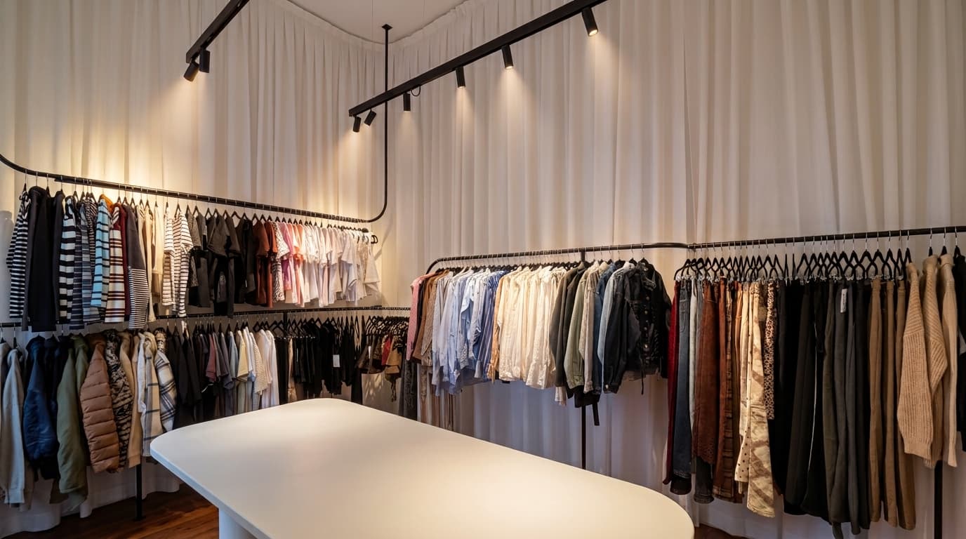 Umino's showroom in Montevideo: rails of sample garments under track lighting.