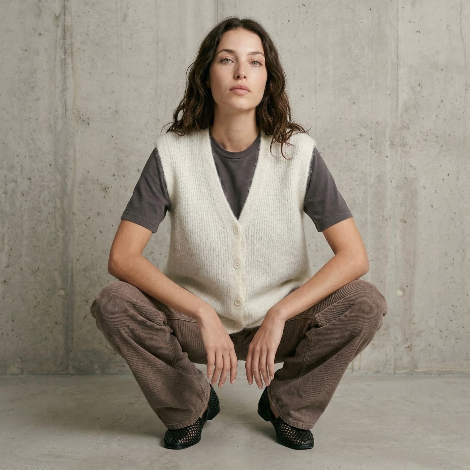 A ready-made look: a cream knit vest over a grey tee, with brown corduroy trousers.